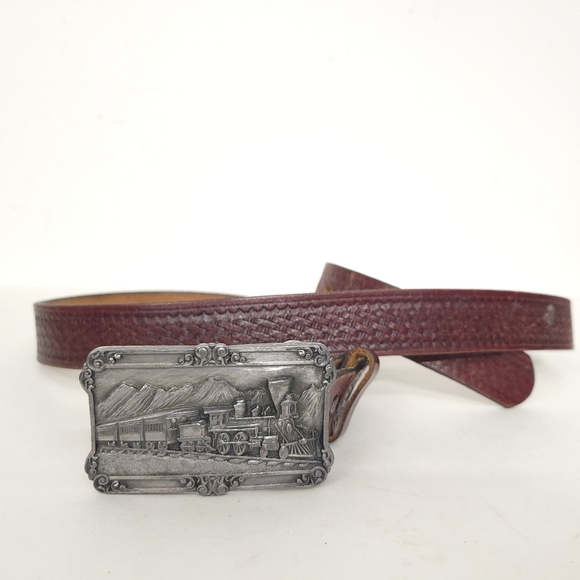 Vintage Railroad Steam Engine Train figural scenic pewter belt with metal buckle - Picture 5 of 10